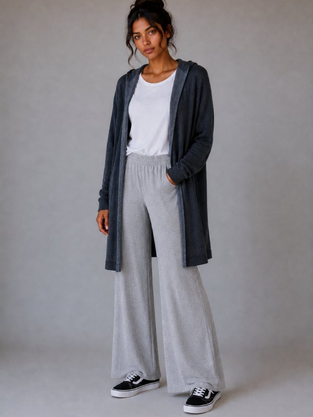 Wool Blend BNCI Blanc Noir Hooded reversible Cardigan W/ M Gray Longline LN/NWOT
